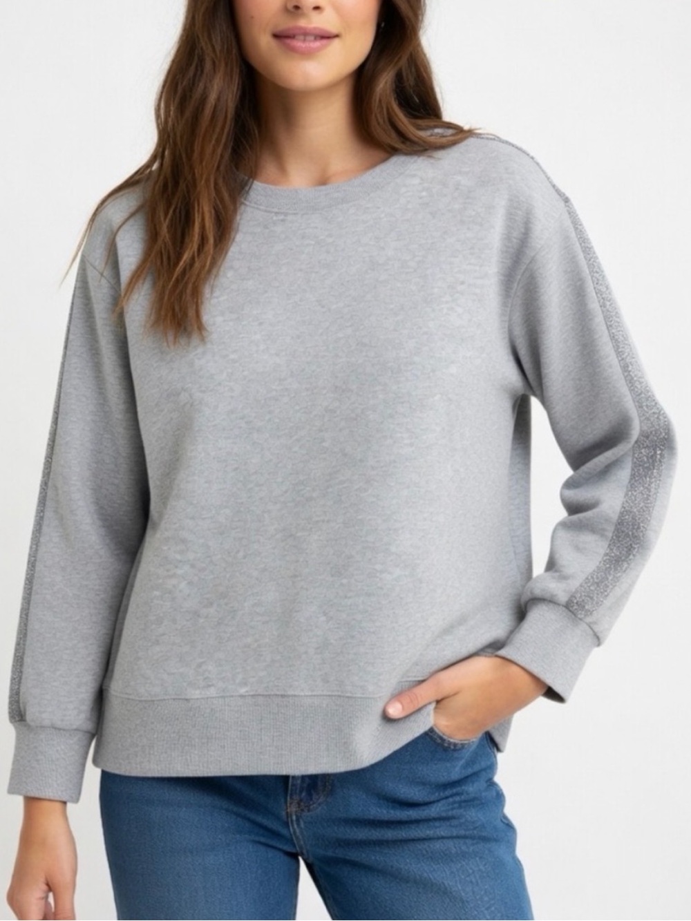 Johnny Was Light Gray Crewneck Sweater with Subtle Sleeve Stripe